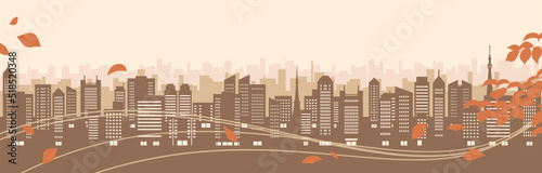 秋らしい色の都市風景のイラスト（シルエット）