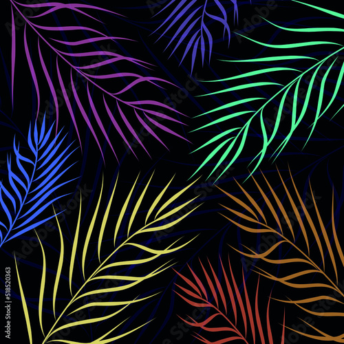 Abstract dark background with colorful palm leaves. Colorful flat illustration for your creativity.