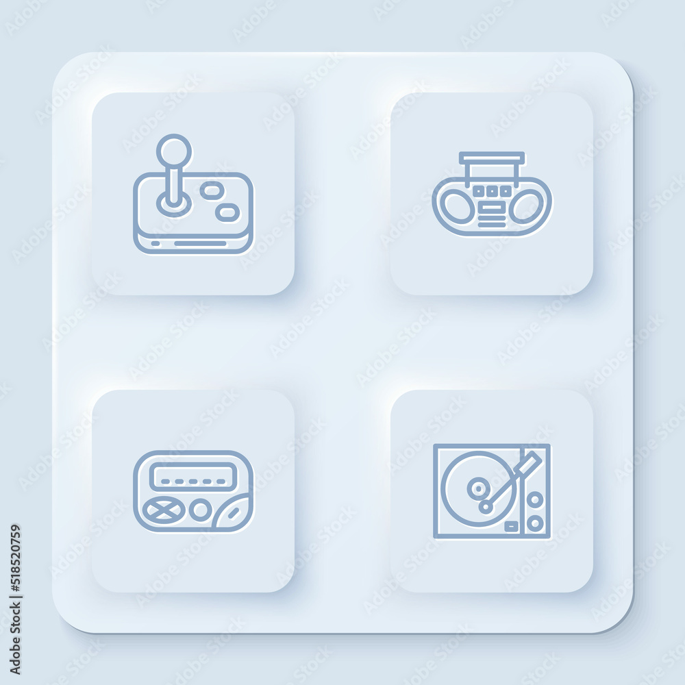 Set line Joystick, Home stereo with two speakers, Pager and Vinyl player. White square button. Vector Set line Joystick, Home stereo with two speakers, Pager and Vinyl player. White square button. Vector