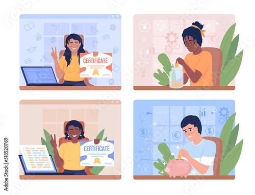 Online education 2D vector isolated illustration set. Flat characters on cartoon background. Colourful editable scene for mobile, website, presentation collection. Bebas Neue, Quicksand fonts used