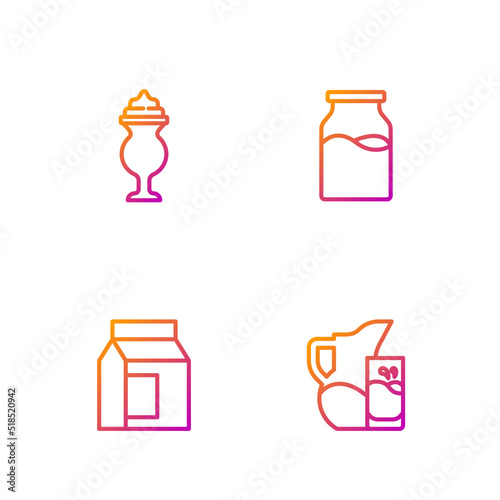 Set line Milk jug or pitcher and glass, Paper package for milk, Milkshake and Bottle with. Gradient color icons. Vector