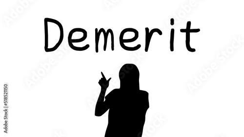 人指し指を立てる女性シルエットとDemeritの文字_モノクロ