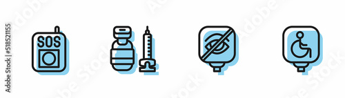 Set line Blindness, Press the SOS button, Syringe and Disabled wheelchair icon. Vector