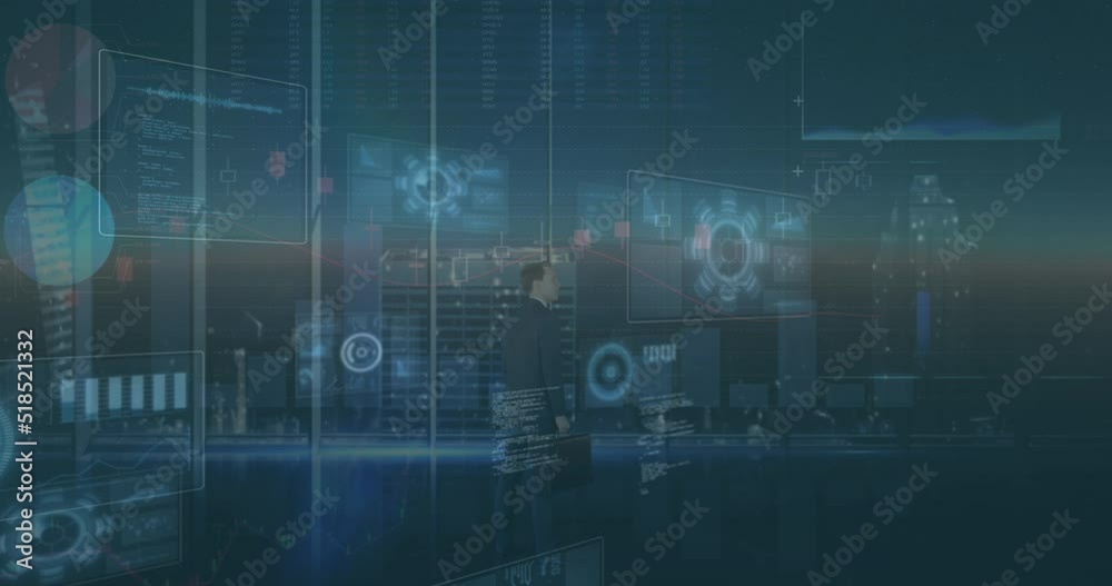 Animation of diverse data processing on screen and caucasian businessman over sunset