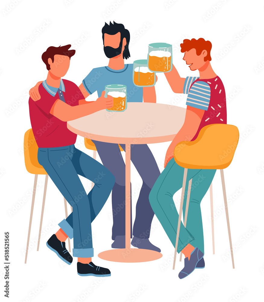 People drink beer sitting at table and chatting, flat cartoon vector illustration isolated on white. Friends in bar or pub. People drink beer sitting at table and chatting, flat cartoon vector illustration isolated on white. Friends in bar or pub.