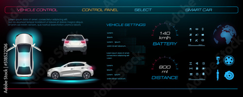 Automotive interface. Smart car with instrument settings and navigation panel and digital control panel. Vehicle maintenance settings. Holographic touch panel with HUD car interface