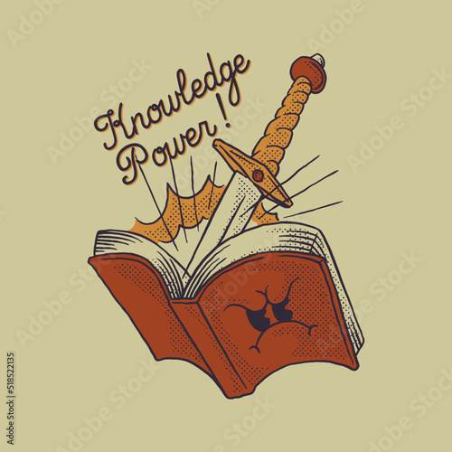 cartoon illustration of book emerging a sword with retro style