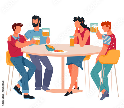 Group of friends drinking alcohol and talking in cafe or bar. Clients drink beer and alcohol drinks in bar or pub, flat vector illustration isolated on white.