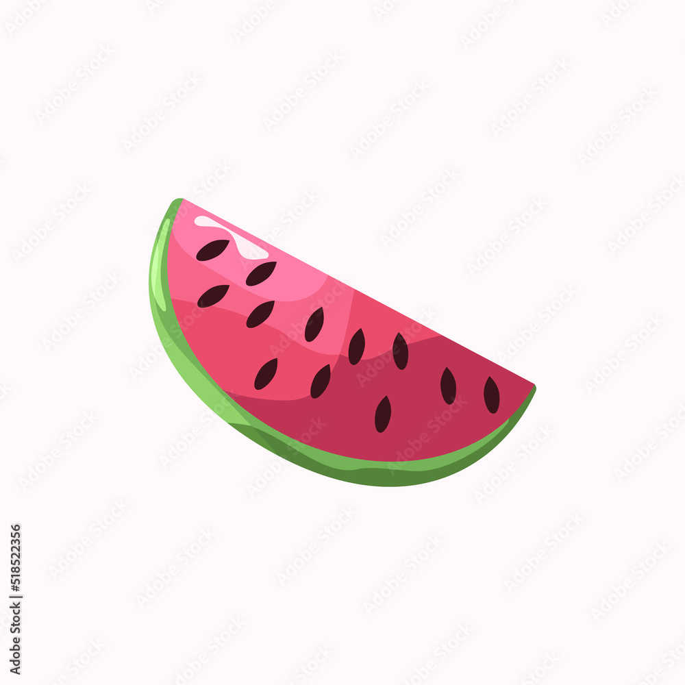 Watermelon. Vector illustration of red watermelon slice with shadow and seeds.  Drawing of the fruit for a print or app design.