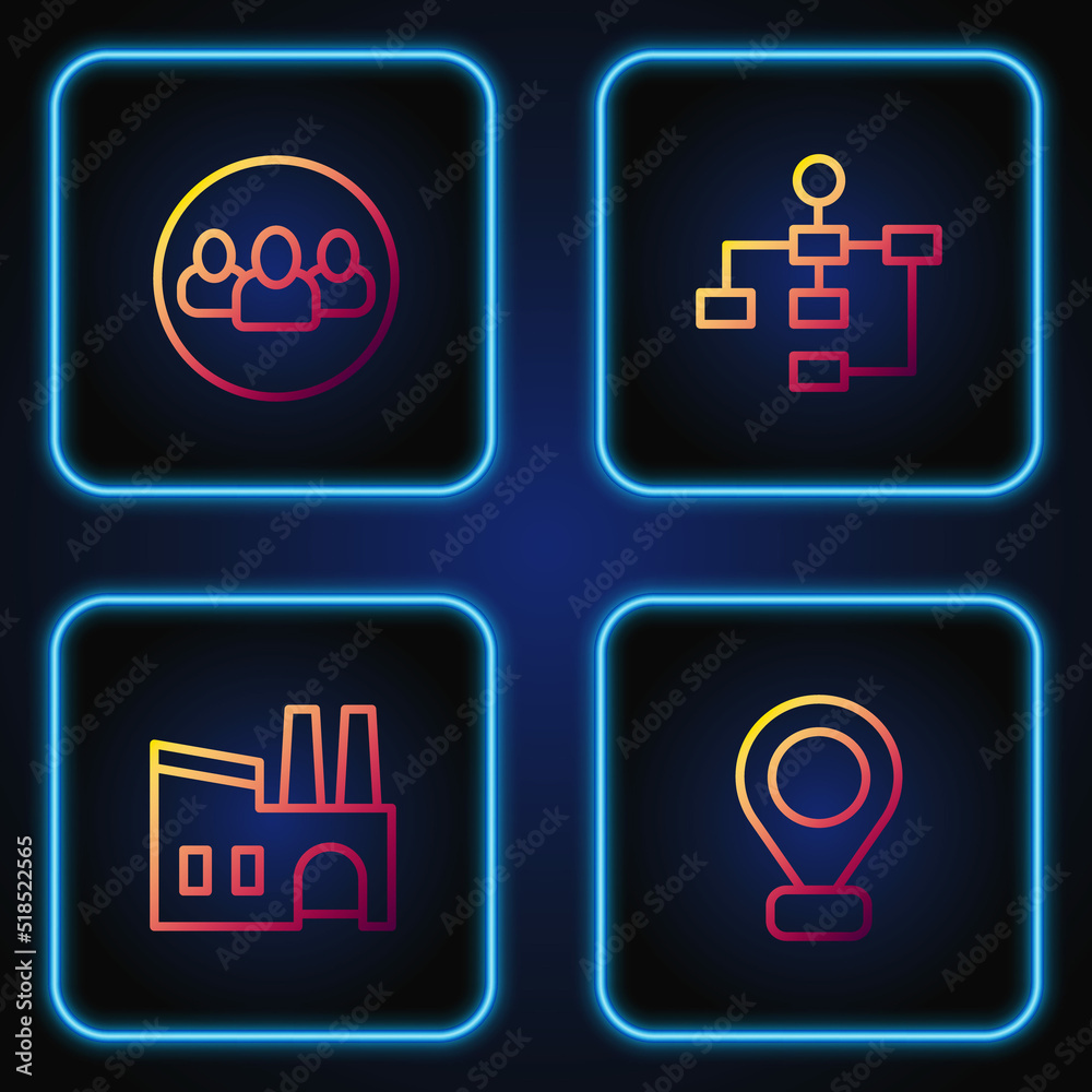 Set line Location, Factory, Project team base and Hierarchy organogram chart. Gradient color icons. Vector
