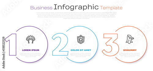 Set line Indian headdress with feathers, Shield stars and Eagle. Business infographic template. Vector