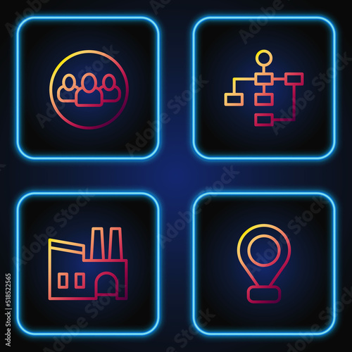 Set line Location, Factory, Project team base and Hierarchy organogram chart. Gradient color icons. Vector