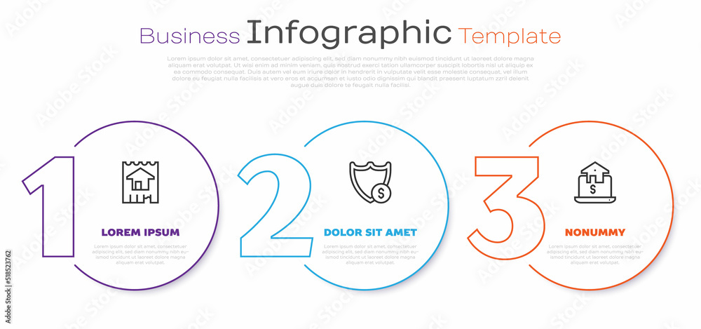 Obraz premium Set line House, Shield with dollar and Online real estate. Business infographic template. Vector