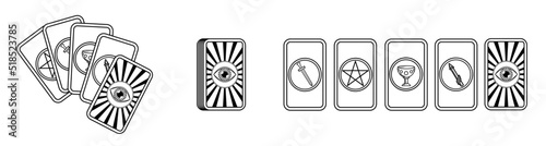 Vector set of tarot cards isolated on white background. Occult esoteric design elements. Fortune telling, tarot reading, prediction, occultism, witchcraft, spirituality. Logo, banner, icons.