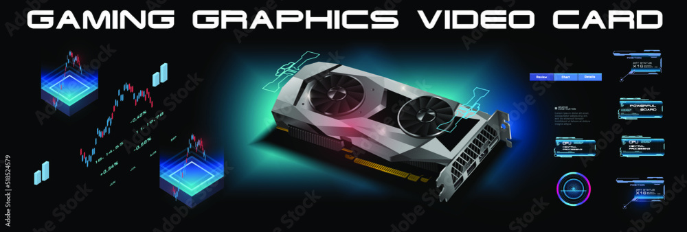Realistic graphics card for cryptocurrency mining or gaming. Realistic 3D graphics card mockup. Powerful video card on a new graphics chip. Cyberbanner. PC graphics card illustration