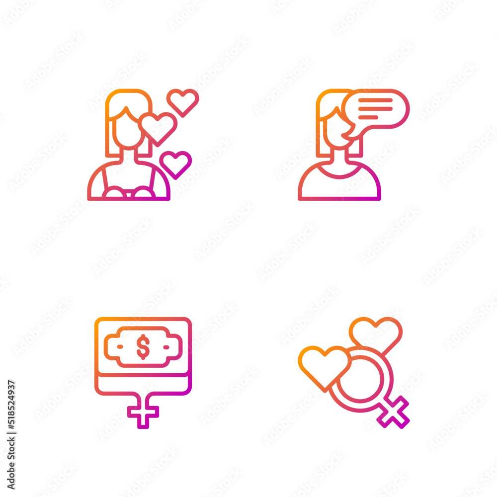 Set line Female gender, Money growth woman, Love yourself and opinion. Gradient color icons. Vector Set line Female gender, Money growth woman, Love yourself and opinion. Gradient color icons. Vector