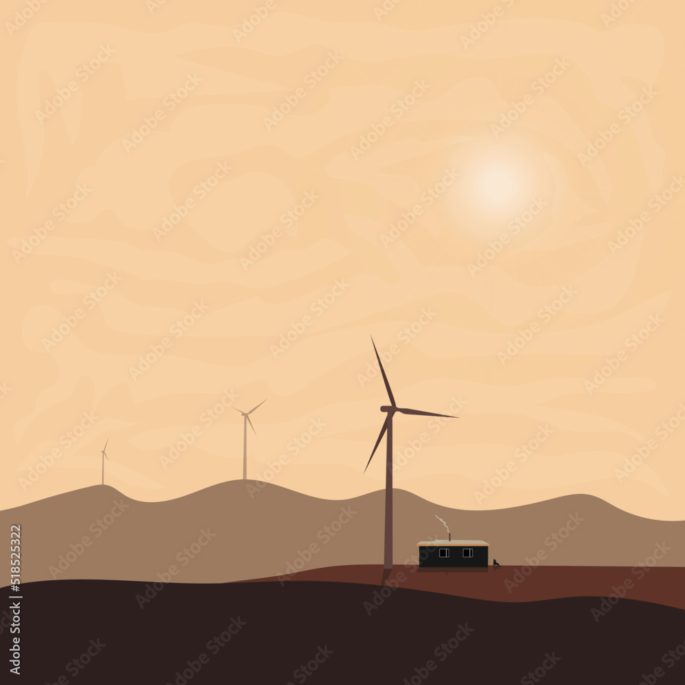 Landscape view of house and windmills/wind turbine on top of hills wall art illustration.