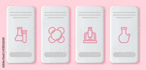 Set line Test tube, Molecule, Microscope and . White rectangle button. Vector