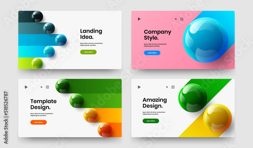 Simple 3D spheres company cover layout collection. Geometric website design vector illustration set.