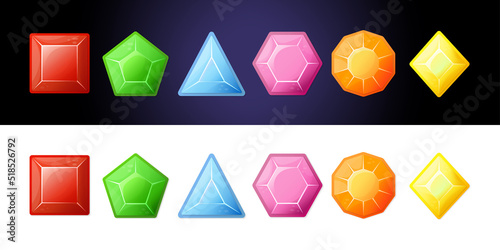 A set of crystals of various shapes, gems, diamonds. Collection of cartoon style vector graphic resources for game design isolated on white background.