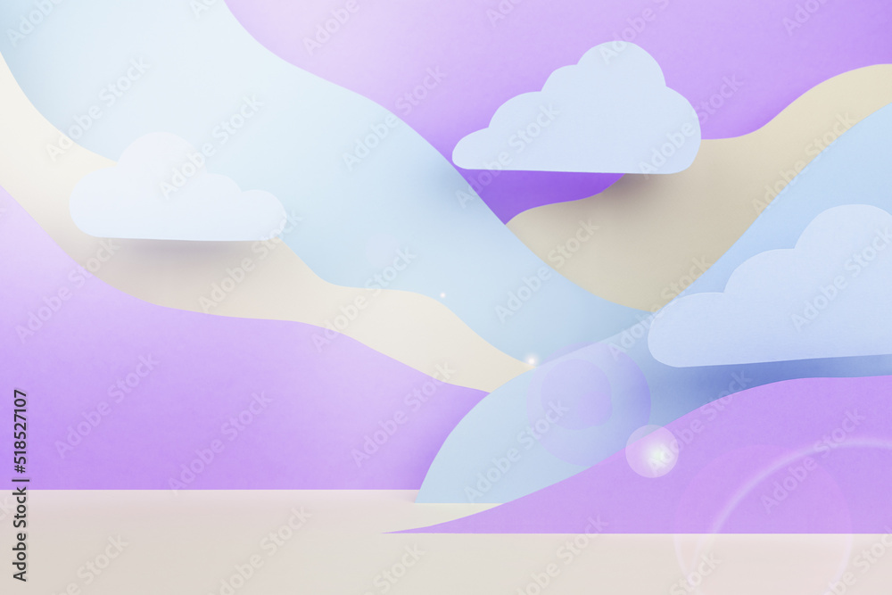 Fantasy cartoon landscape - abstract scene mockup with paper clouds, mountains in blue, violet, white color, sun beam glare. Template for advertising, design, card, presentation of cosmetic, poster.