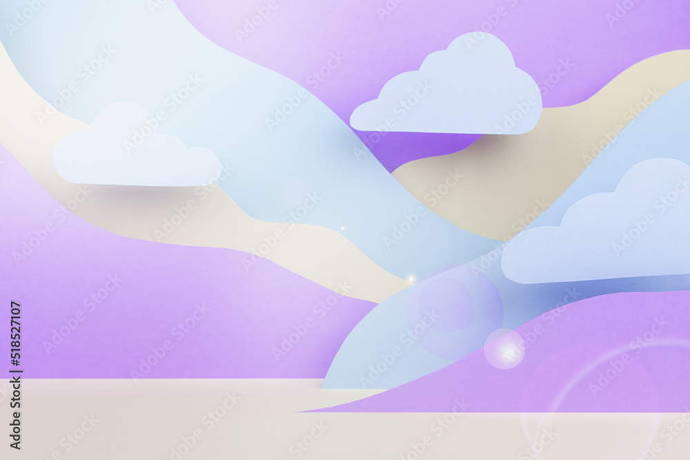 Fototapeta premium Fantasy cartoon landscape - abstract scene mockup with paper clouds, mountains in blue, violet, white color, sun beam glare. Template for advertising, design, card, presentation of cosmetic, poster.