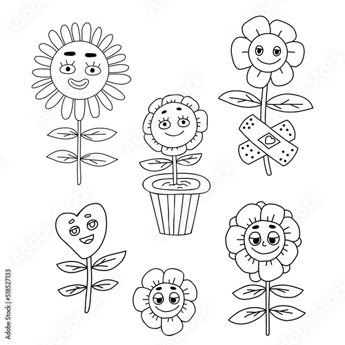 Funny collection characters flowers. Groovy elements funky flower power with patch, in pot, daisy flowers and heart plant. Vector linear hand drawn doodles. Comic retro elements for design and decor.