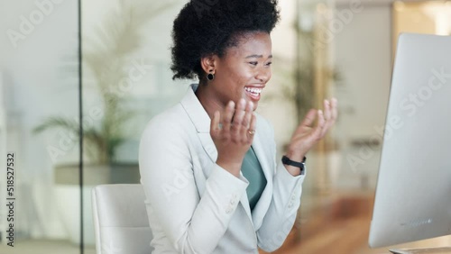 Computer systems analyst celebrating technology update success in an office. Professional programmer happy and relieved with successful laptop system design upgrade. Tech guru excited about promotion