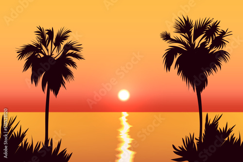 Fototapeta Naklejka Na Ścianę i Meble -  Silhouette of two palm trees on sunset or sunrise seaside scenery