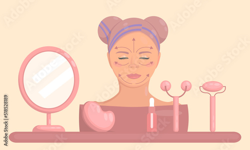 face lifting. Young beautiful woman with bottle of face serum, facial gua sha stone and roller. Facial yoga.Cosmetologist, skin care and treatment.Anti-aging skin care method.Vector flat illustration.