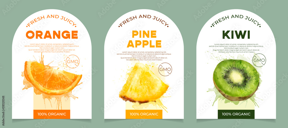 Set of 3 labels, packaging of fresh and juicy fruits. Natural organic product, gmo free. Text with watercolor realistic fruits on white base. Template for your product.