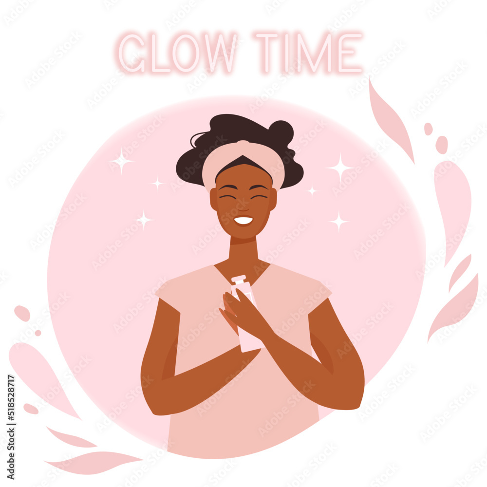 Glow time card with a cute smiling girl and text. Concept of healthy self care, beauty treatment routine and love to your body and mind. Vector illustration. Glow time card with a cute smiling girl and text. Concept of healthy self care, beauty treatment routine and love to your body and mind. Vector illustration.