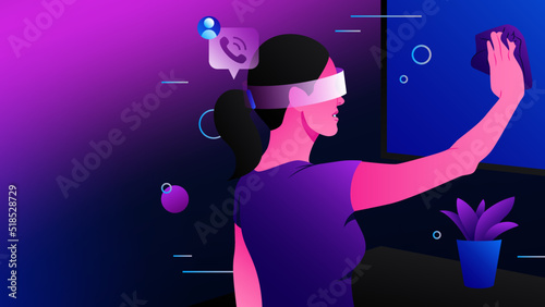 Commucating in Metaverse. Talking and Cleaning Woman in VR. Vector illustration