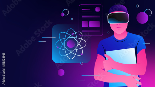 Science in Metaverse. Studying STEM in Virtual Reality Goggles. Vector illustration