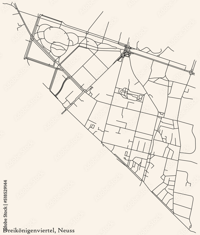 Detailed navigation black lines urban street roads map of the DREIKÖNIGENVIERTEL DISTRICT of the German regional capital city of Neuss, Germany on vintage beige background