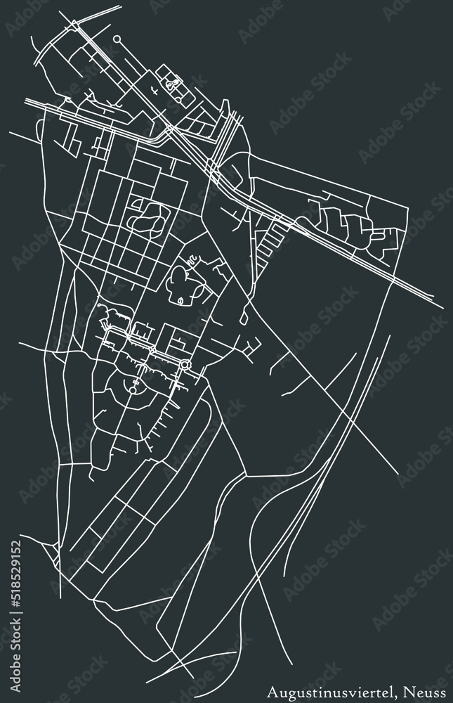 Detailed negative navigation white lines urban street roads map of the AUGUSTINUSVIERTEL DISTRICT of the German regional capital city of Neuss, Germany on dark gray background