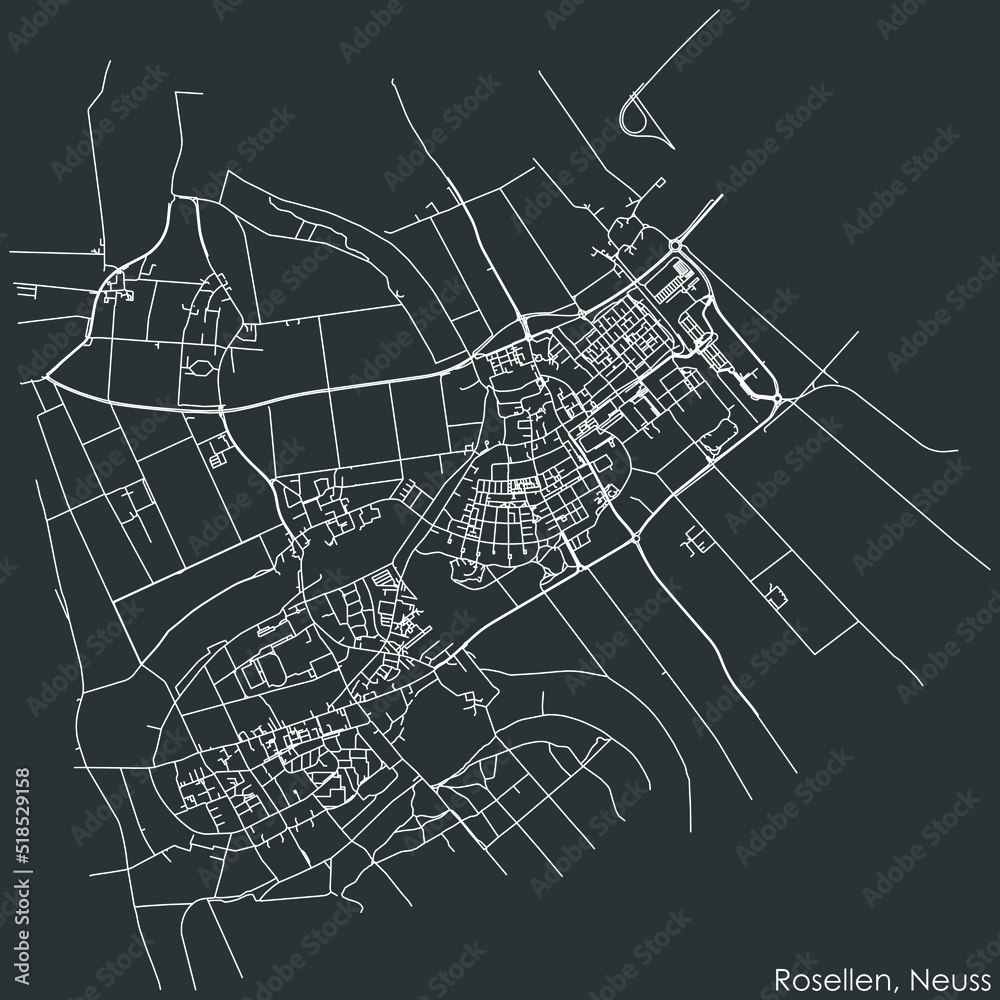 Detailed negative navigation white lines urban street roads map of the ROSELLEN DISTRICT of the German regional capital city of Neuss, Germany on dark gray background