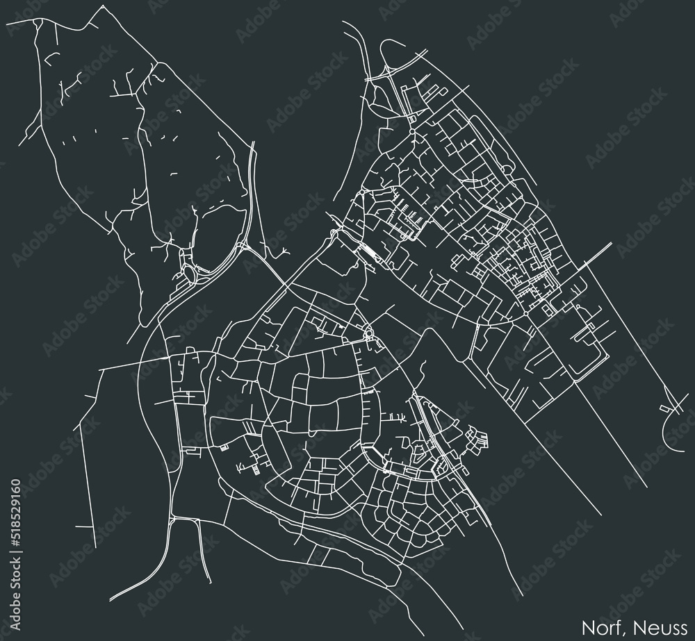 Detailed negative navigation white lines urban street roads map of the NORF DISTRICT of the German regional capital city of Neuss, Germany on dark gray background