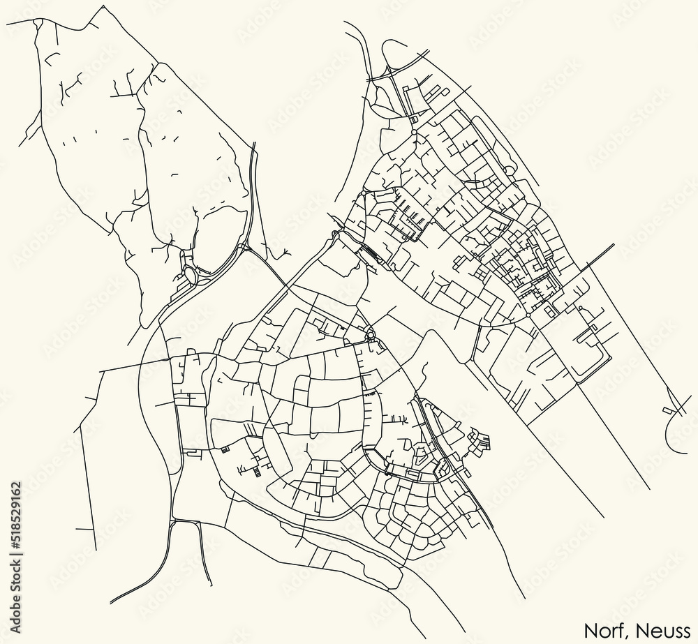 Fototapeta premium Detailed navigation black lines urban street roads map of the NORF DISTRICT of the German regional capital city of Neuss, Germany on vintage beige background