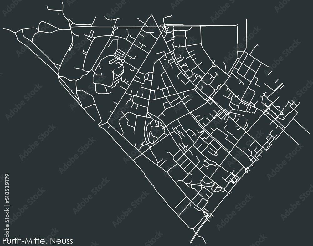 Detailed negative navigation white lines urban street roads map of the FURTH-MITTE DISTRICT of the German regional capital city of Neuss, Germany on dark gray background