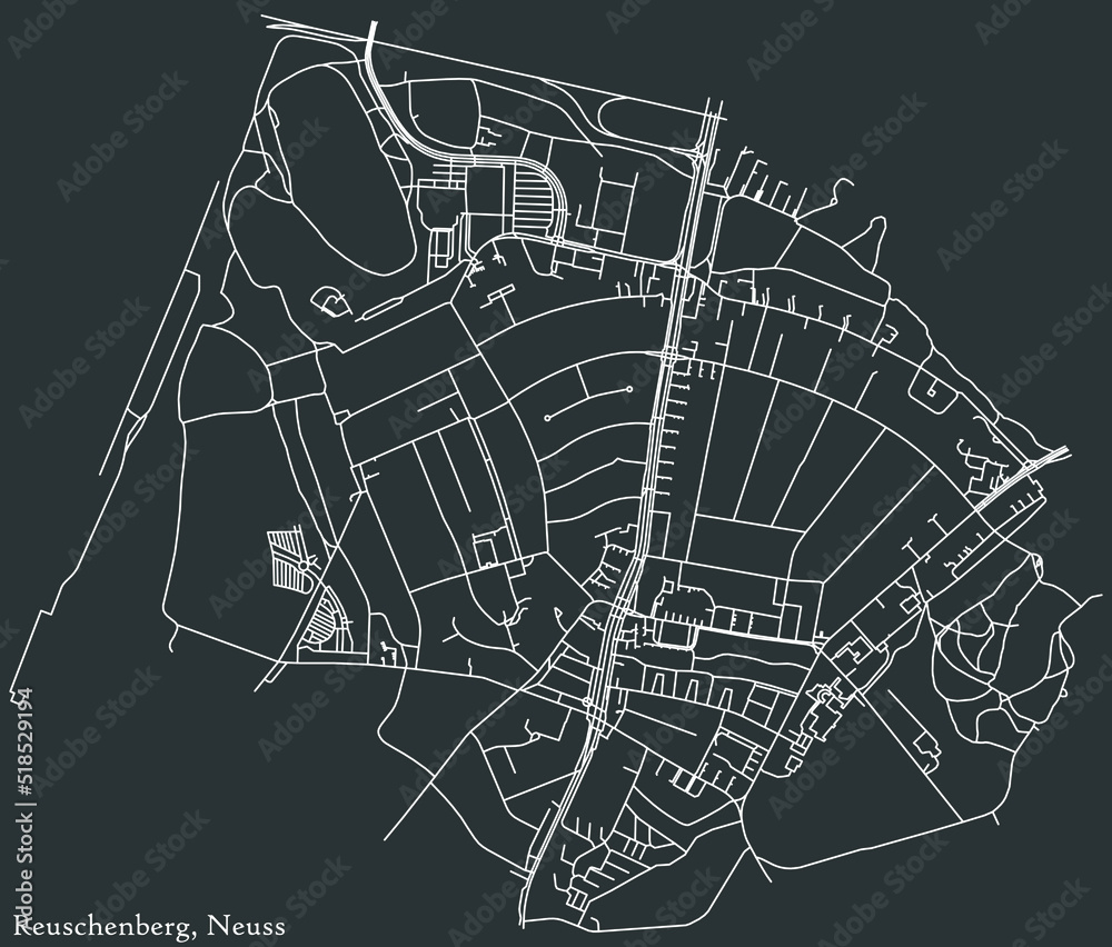 Detailed negative navigation white lines urban street roads map of the REUSCHENBERG DISTRICT of the German regional capital city of Neuss, Germany on dark gray background