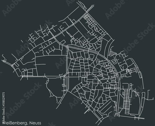 Detailed negative navigation white lines urban street roads map of the WEISSENBERG DISTRICT of the German regional capital city of Neuss, Germany on dark gray background