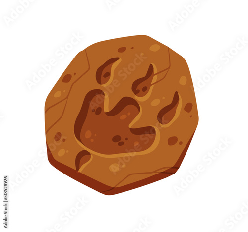 Footprints of a fossil dinosaur. Dino reptile foot trail. Paw in brown clay or stone.