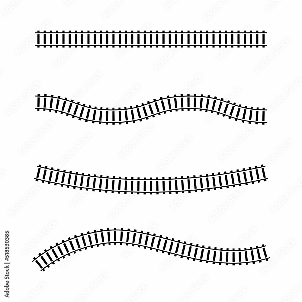 Vector illustration of curved railroad isolated on white background. Straight and curved railway train track icon set. Top view railroad train pathes. 
