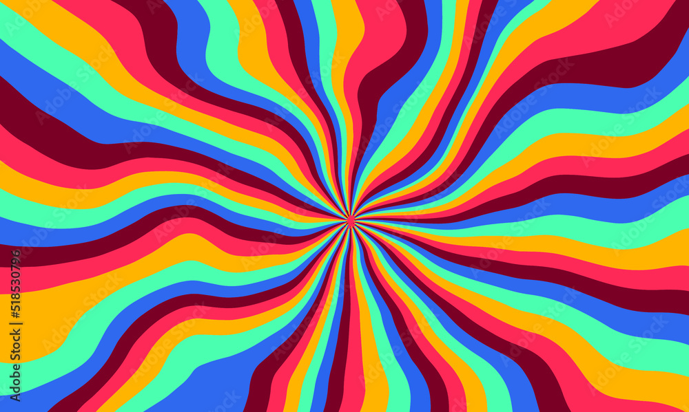 The 1970s-style wavy retro background in a psychedelic bright acidic colors.