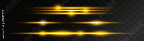 Set of yellow horizontal lens flares pack. Abstract light flares, laser beams, sparkling lined, horizontal light rays. Vector illustration.