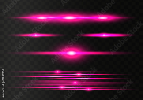 Set of pink horizontal lens flares pack. Abstract light flares, laser beams, sparkling lined, horizontal light rays. Vector illustration.