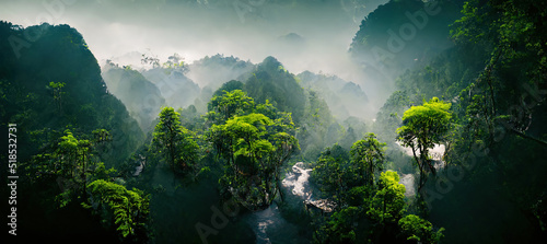 Exotic foggy forest. Jungle panorama, forest oasis. Foggy dark forest. Natural forest landscape. 3D illustration.