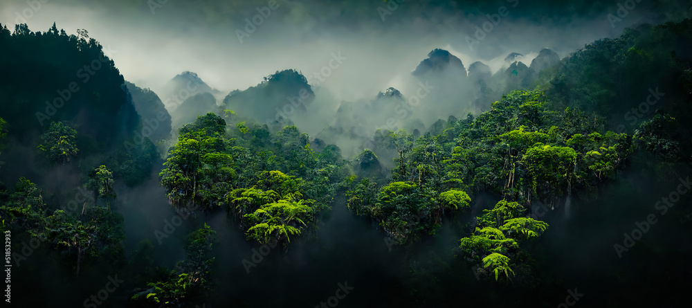 Exotic foggy forest. Jungle panorama, forest oasis. Foggy dark forest. Natural forest landscape. 3D illustration. - obrazy, fototapety, plakaty 