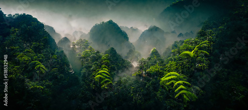 Fototapeta Naklejka Na Ścianę i Meble -  Exotic foggy forest. Jungle panorama, forest oasis. Foggy dark forest. Natural forest landscape. 3D illustration.
